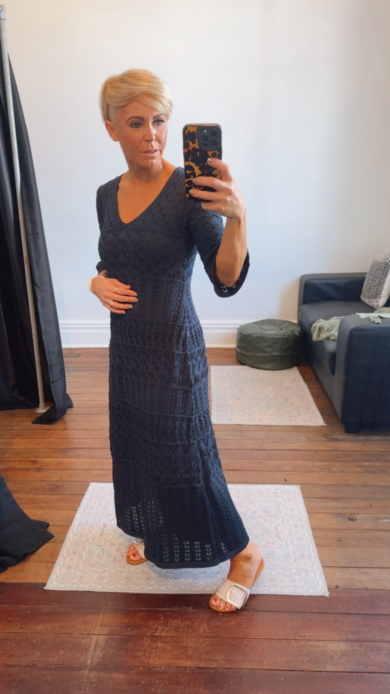Navy Crochet Flare Sleeve Knit Dress