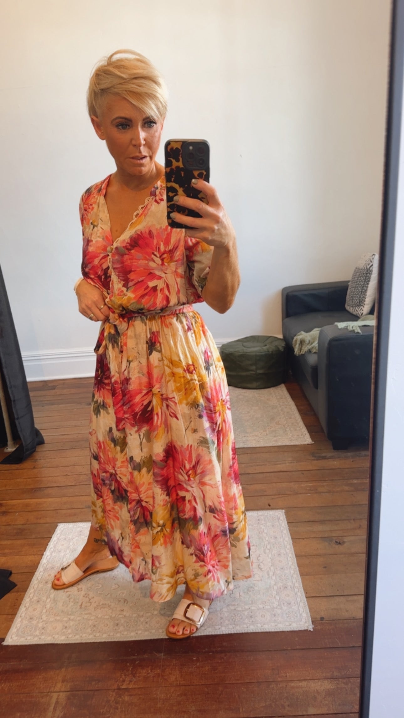 Floral Print Scalloped Edge Elastic Waist Belted Midi Dress