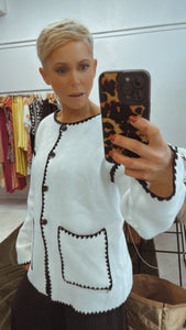 White crochet edge knit pocket cardi