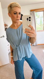 Blue side tie V neck top