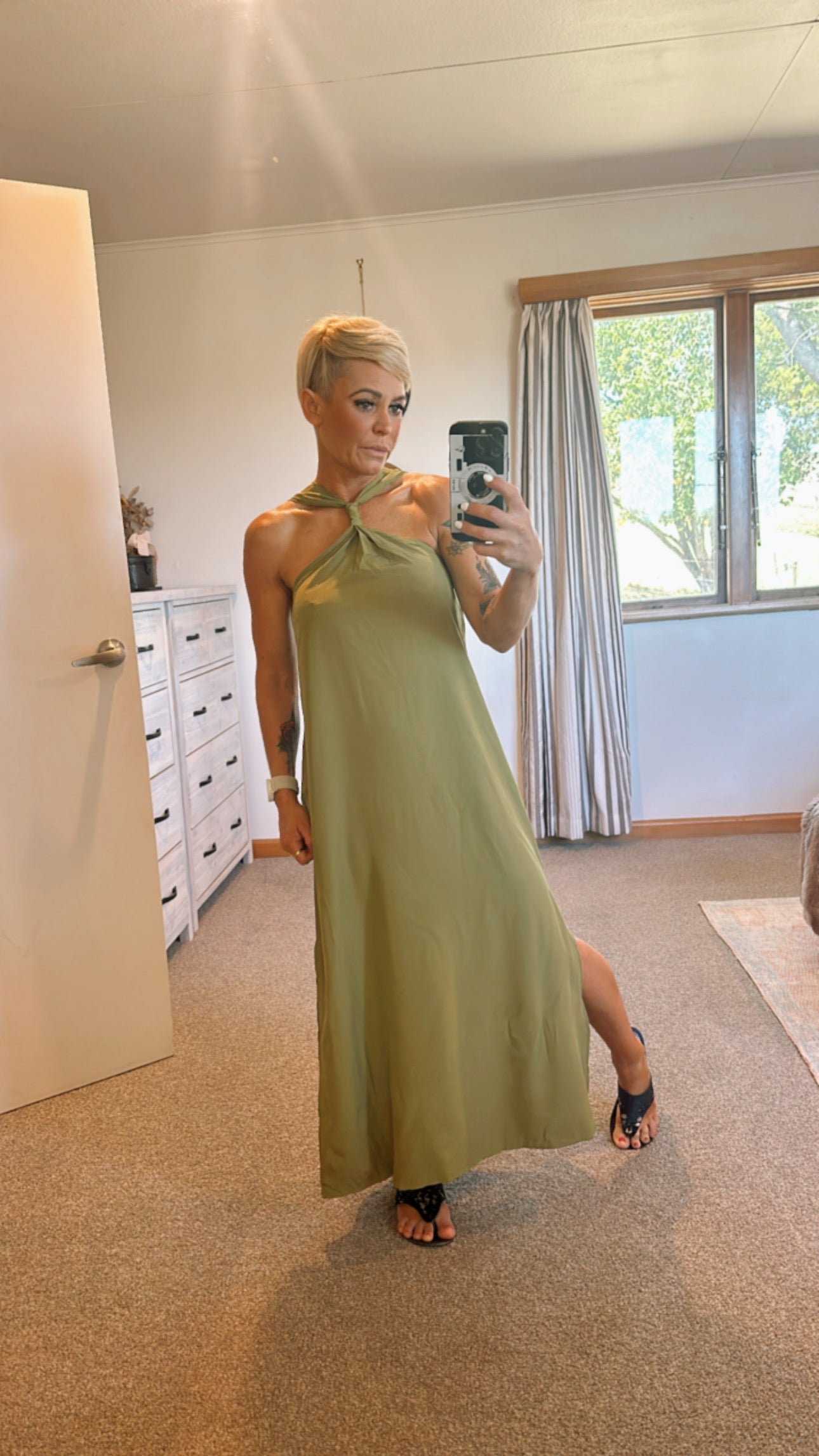 Green twist neck maxi dress