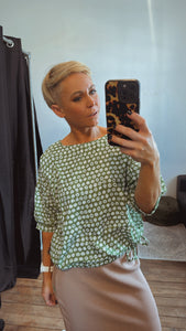 Green printed drawcord blouse top