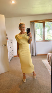 Shoulder pad ruched waist mustard dress