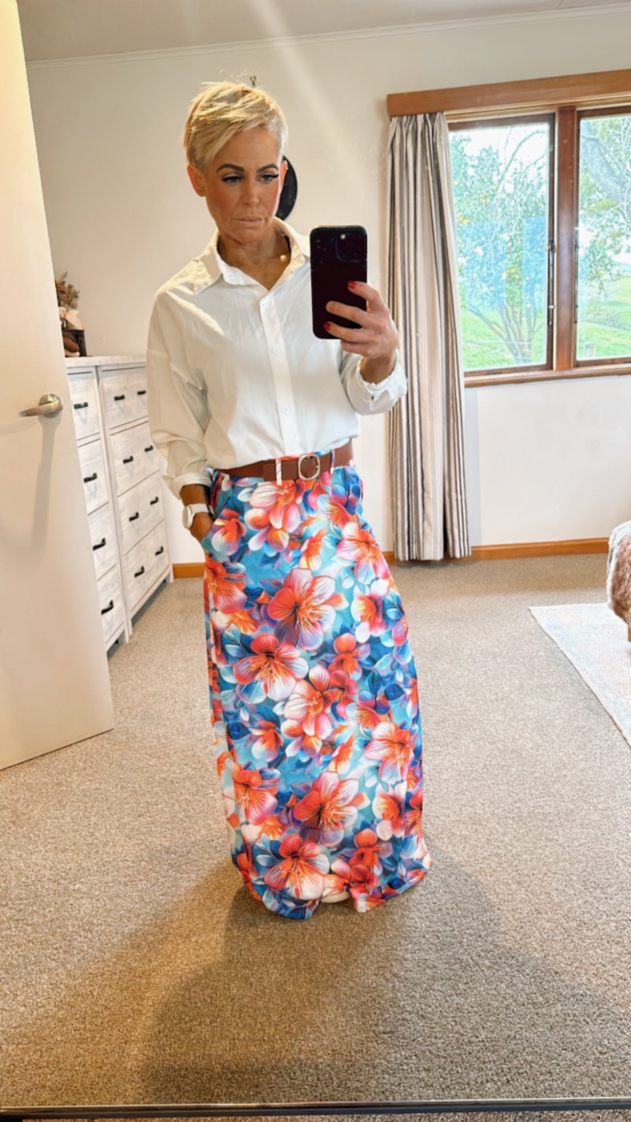 Slant pocket floral print maxi skirt