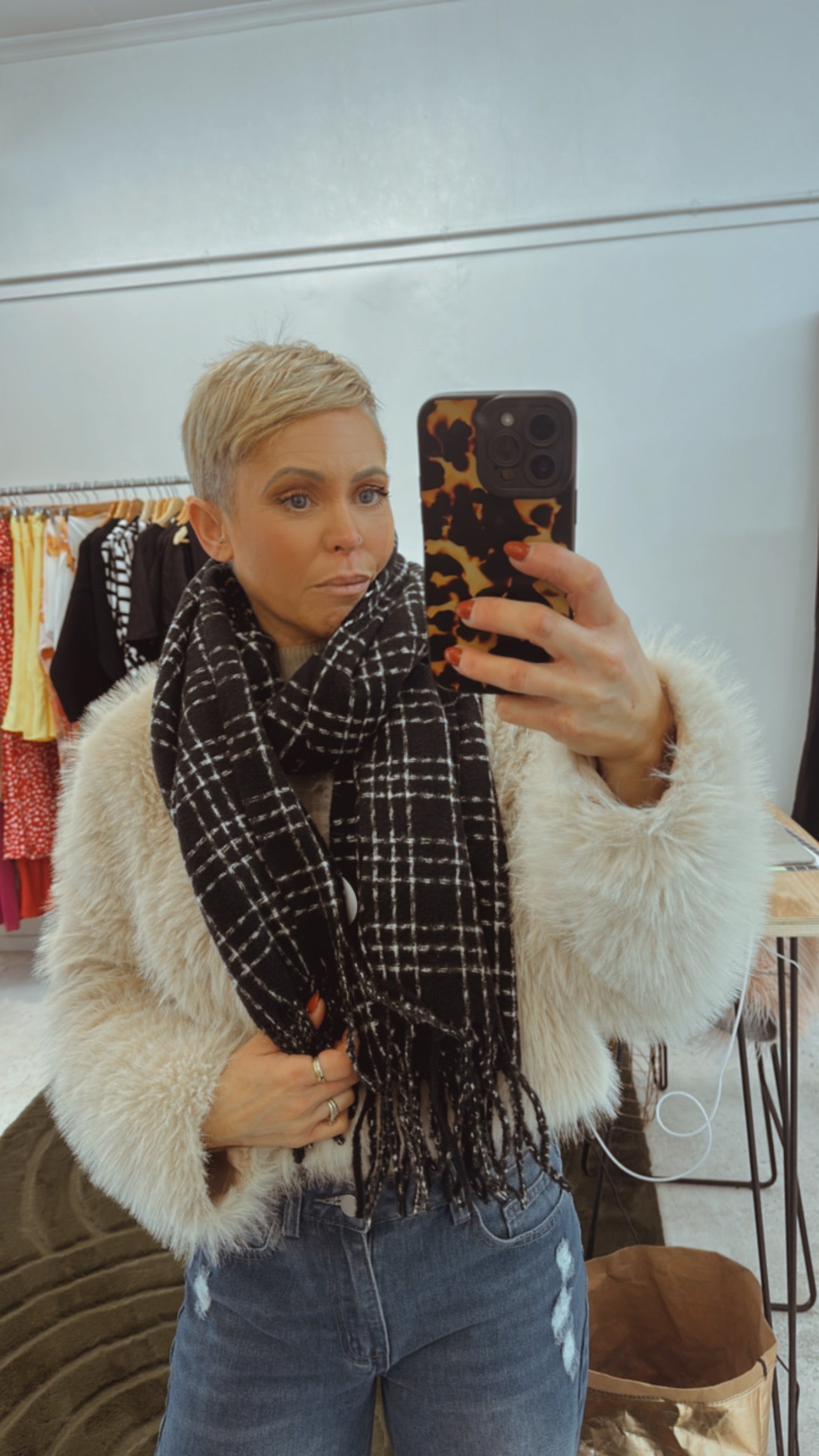Black check knit scarf