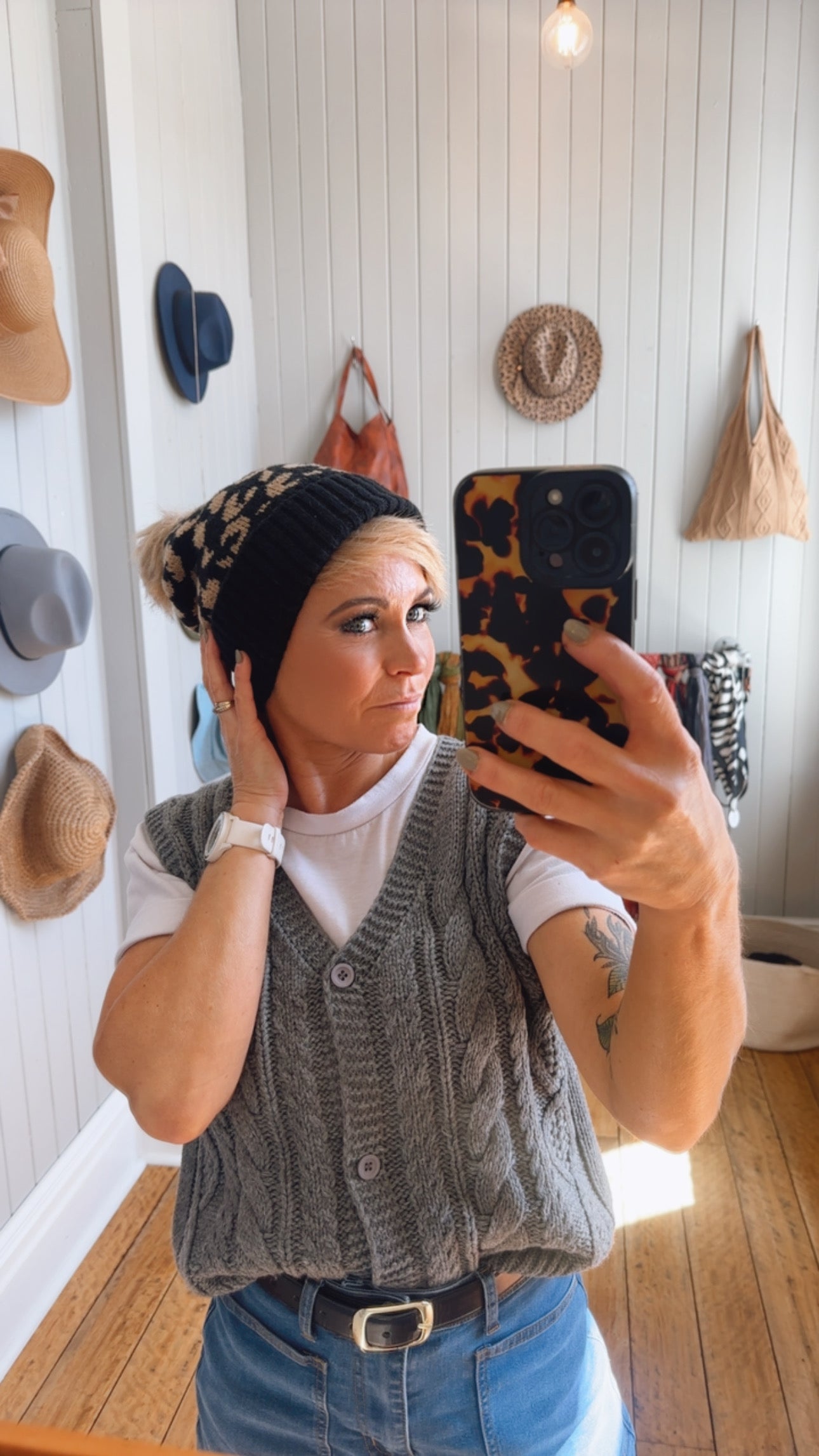 Fur Lined Leopard Print Pom Pom Beanie Black
