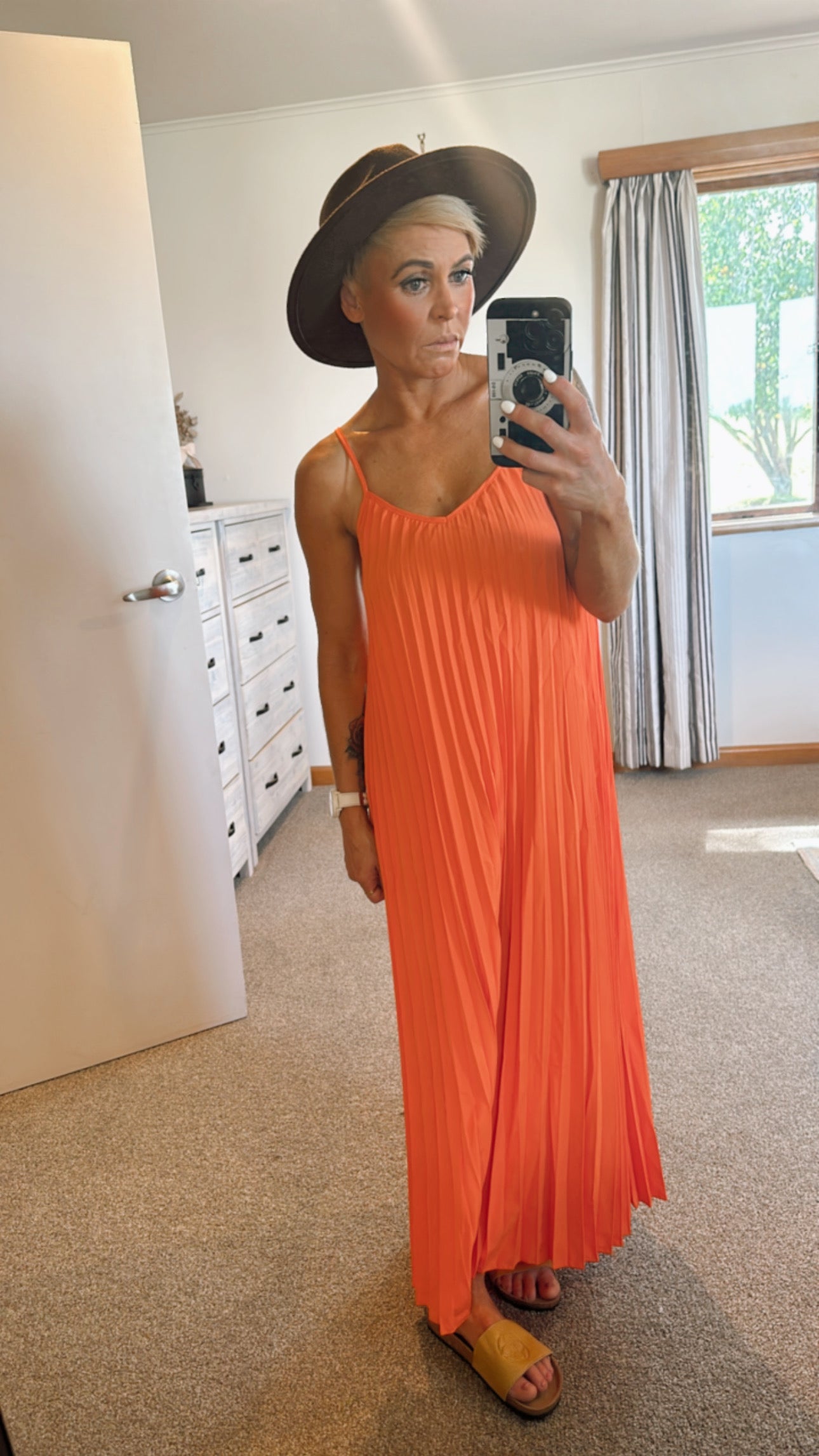 Orange pleat V neck maxi dress