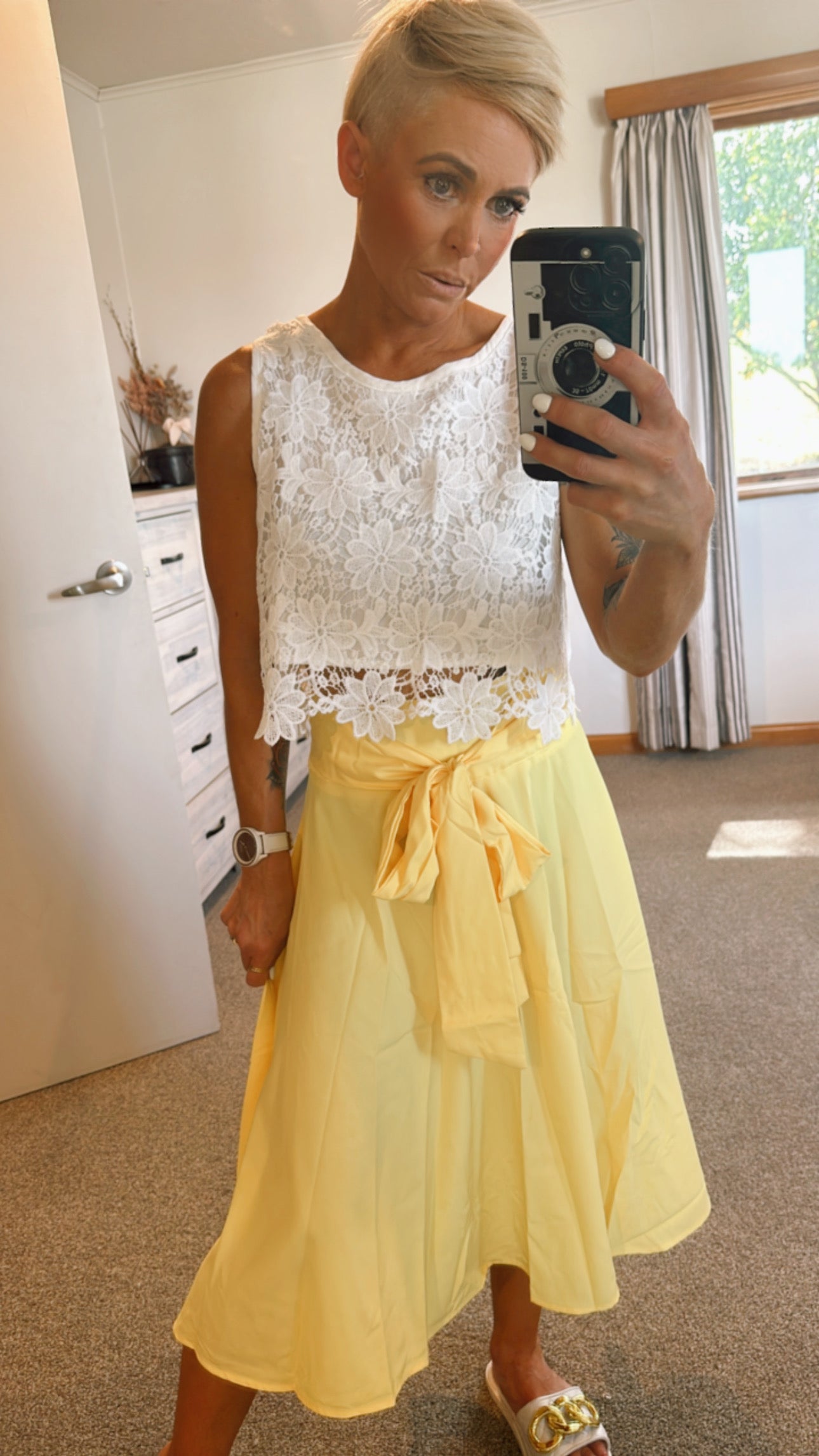 Yellow tie front midi swing skirt