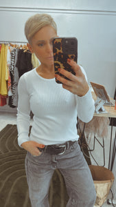 Refuge ribbed knit scoop neck soft top white