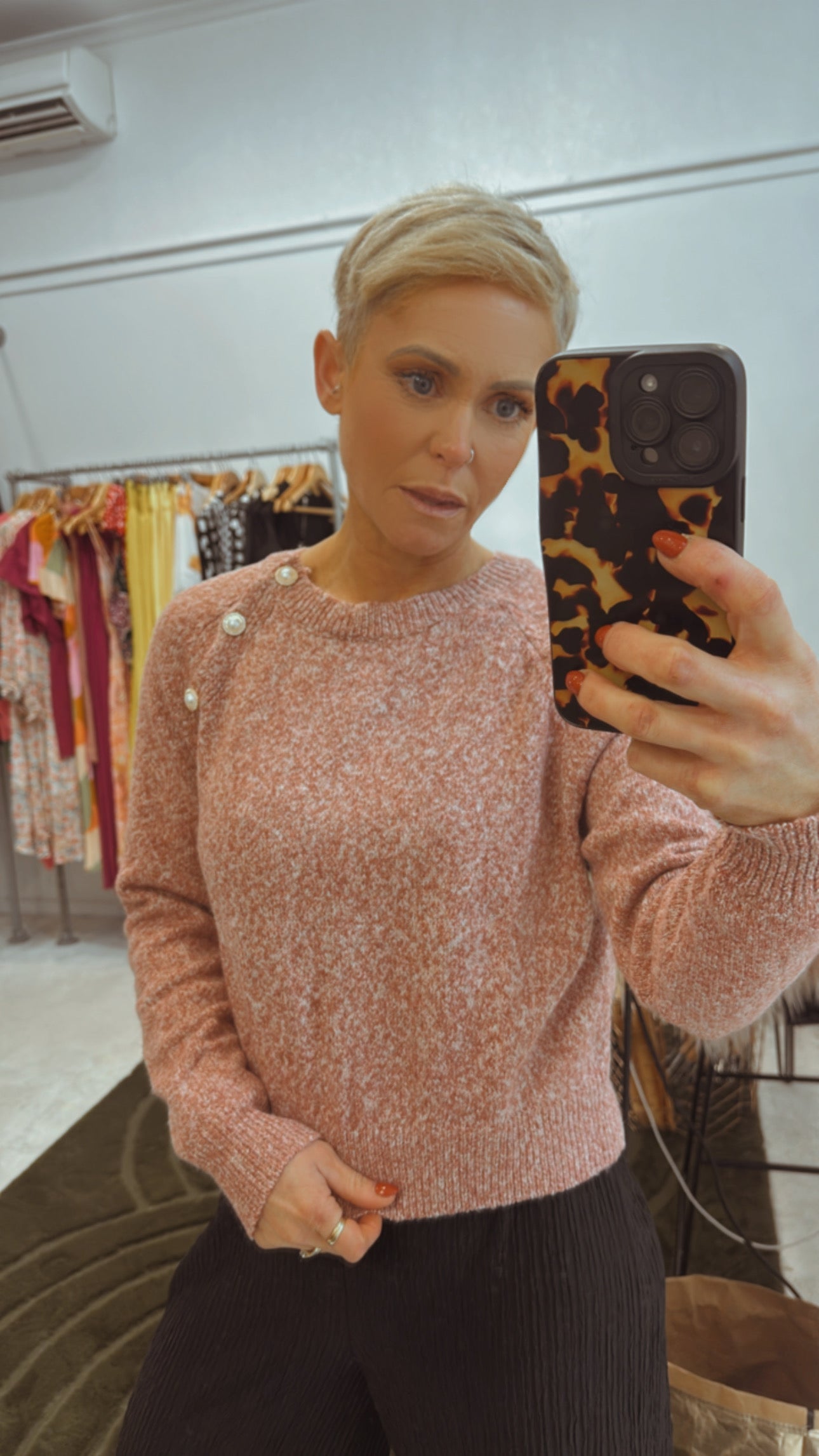 Pearl detail marle pink knit jumper