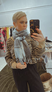Plaid knit light blue & brown knit scarf