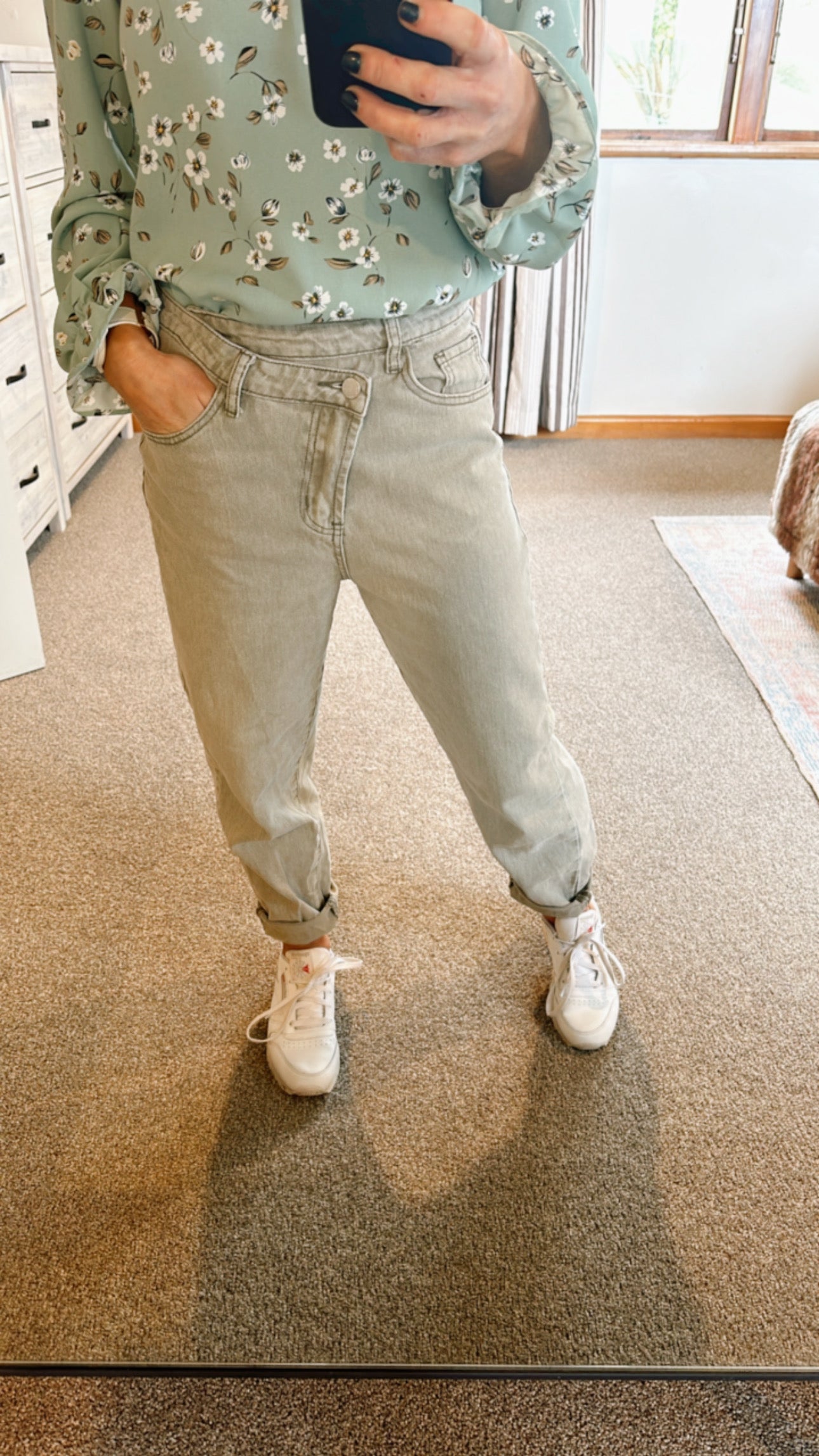 Lime green stepped waist jeans