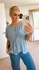 Blue side tie V neck top