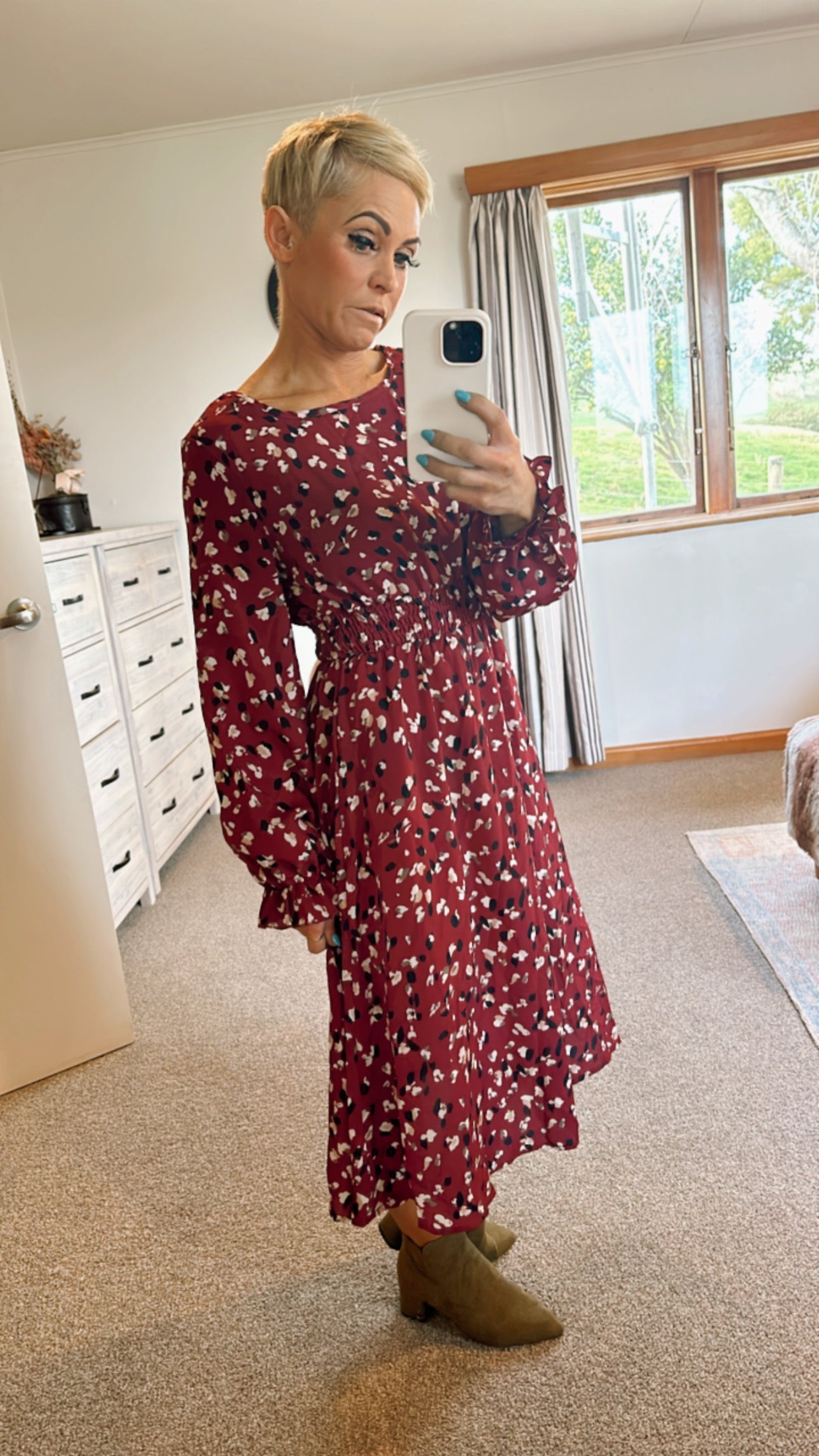 Shirred waist printed midi dress