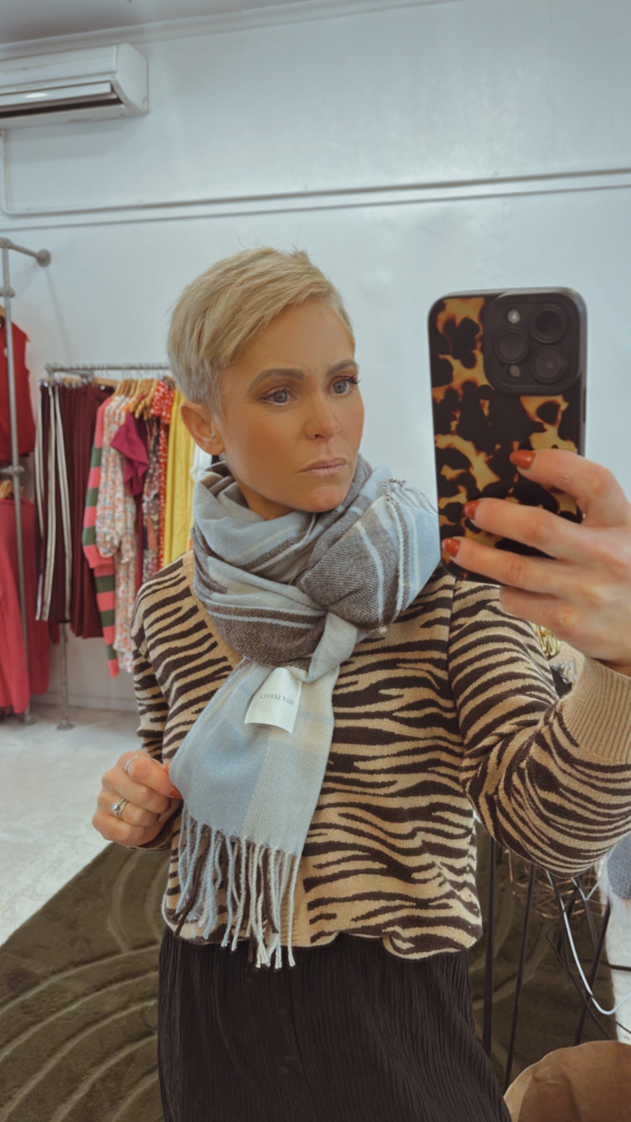 Plaid knit light blue & brown knit scarf