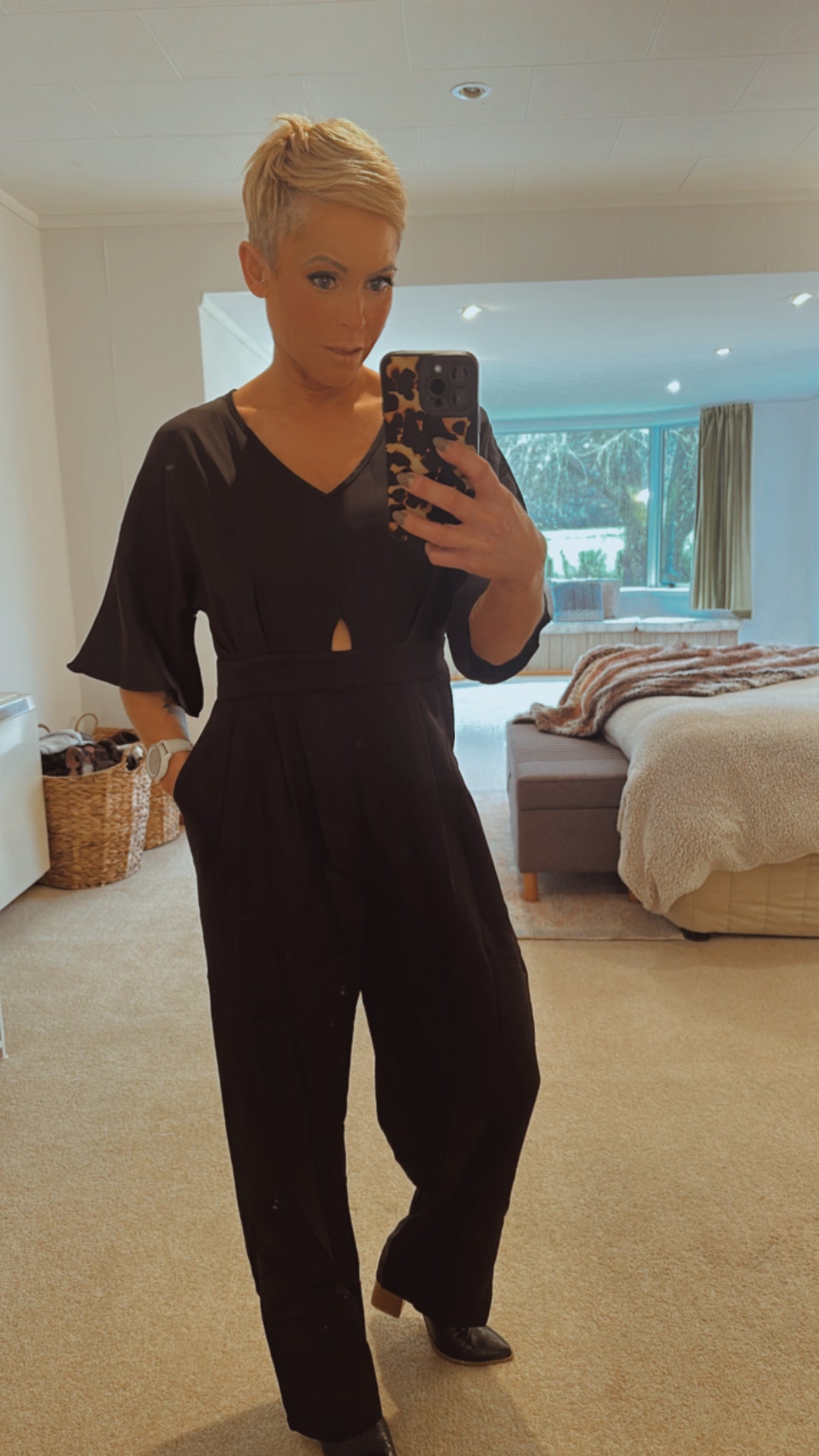 Cut out flute sleeve V neck elegant jumpsuit