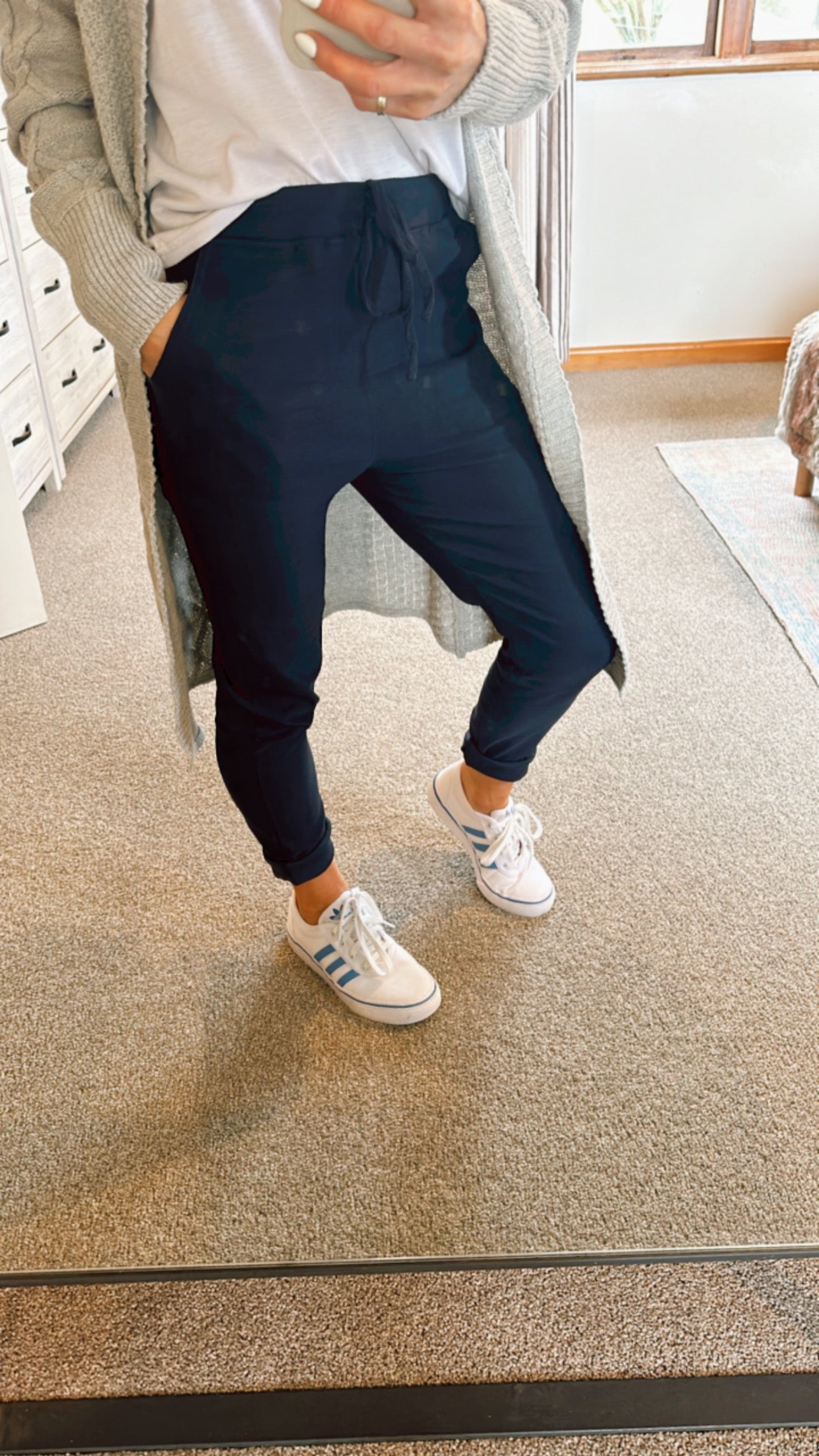 Navy drawcord waist stretch comfy pants