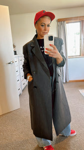 Double breasted long dark grey coat