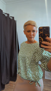 Green printed drawcord blouse top