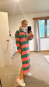 Pink & green stripe side split knit jumper dress