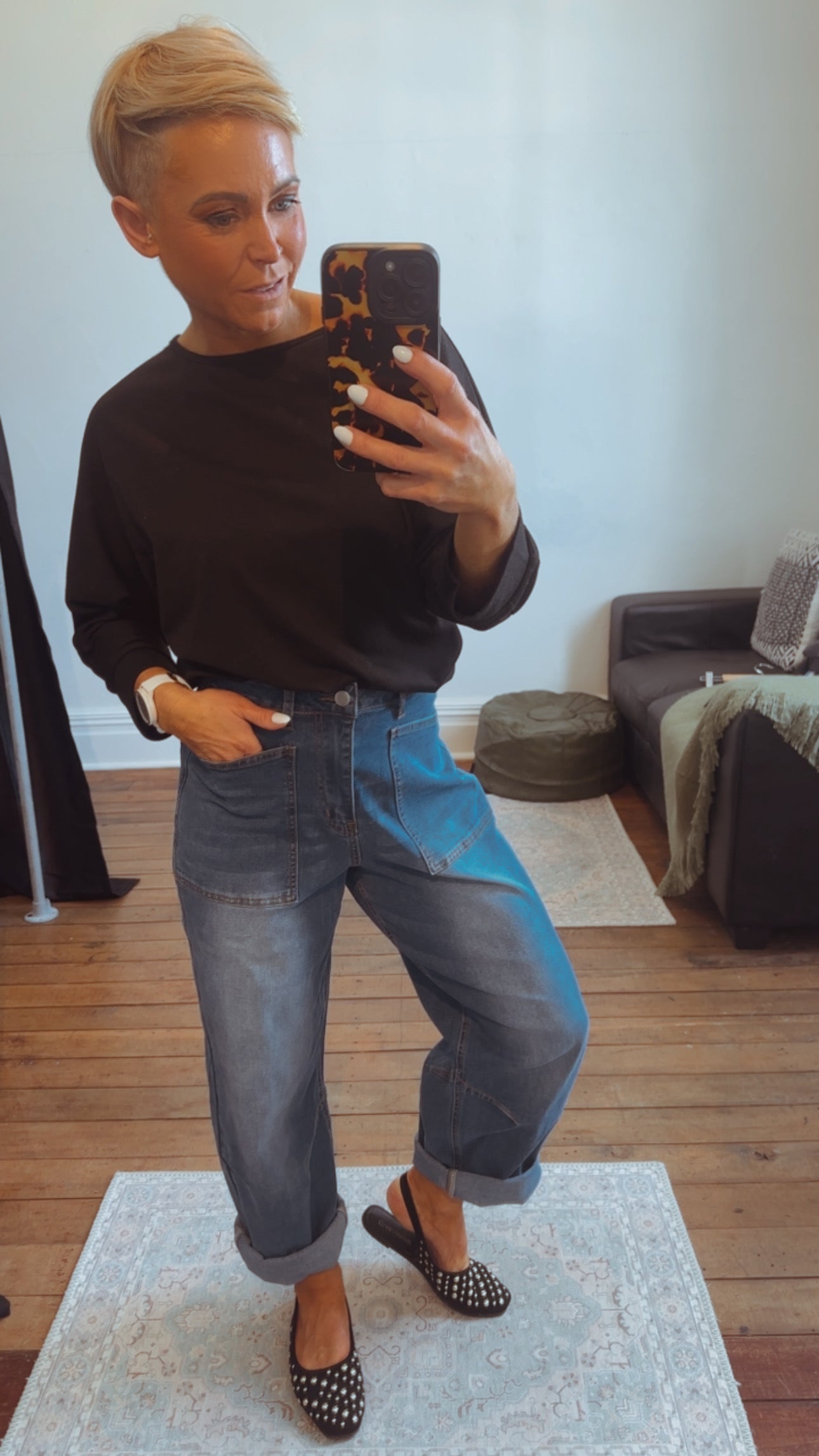 Front pocket barrel leg slouch jeans