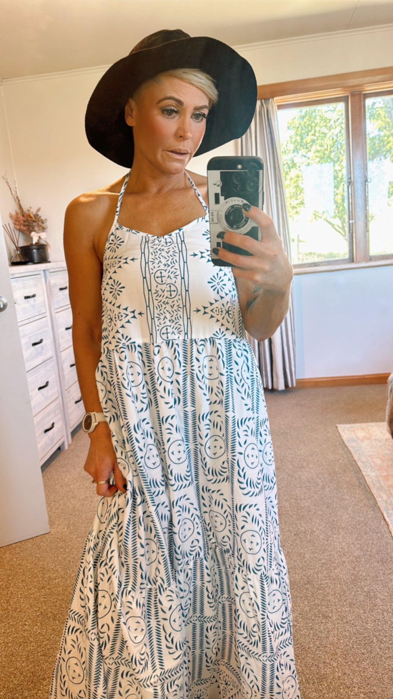 Printed tie neck maxi dress