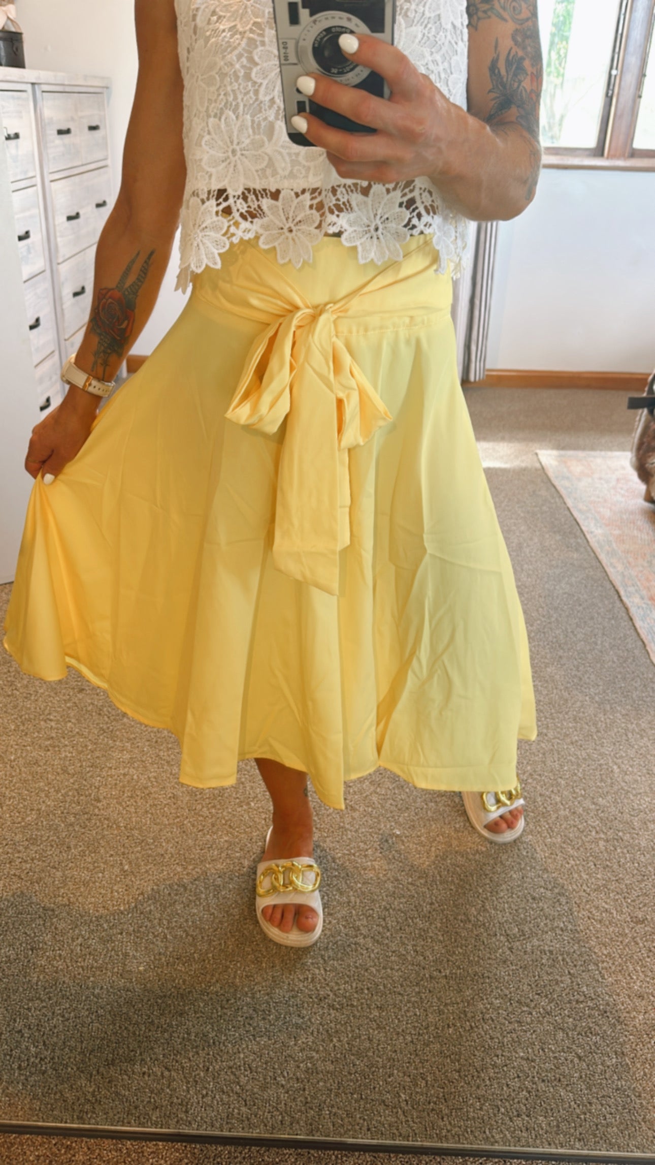 Yellow tie front midi swing skirt