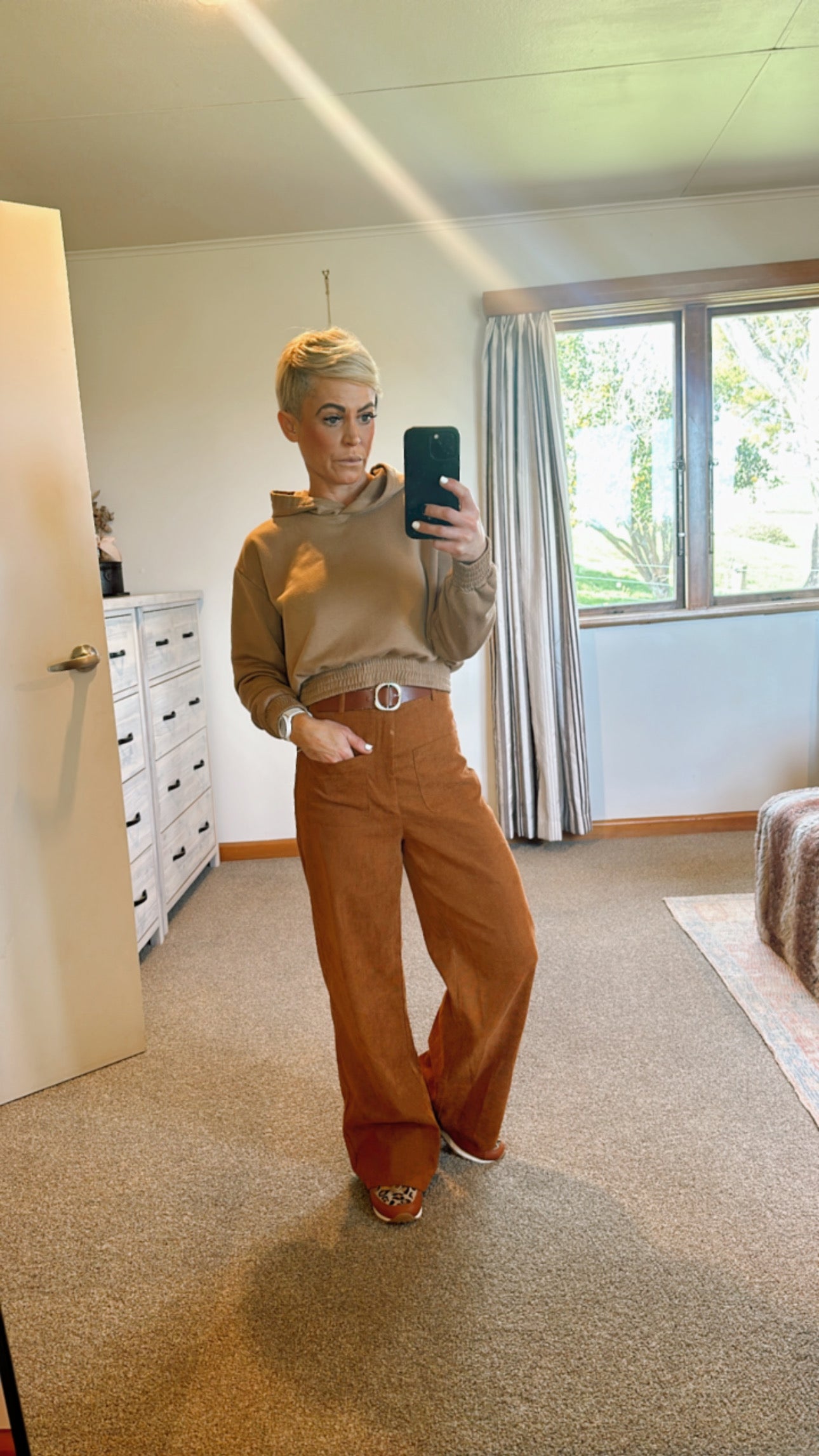 High waist front pocket micro cord wide leg pants