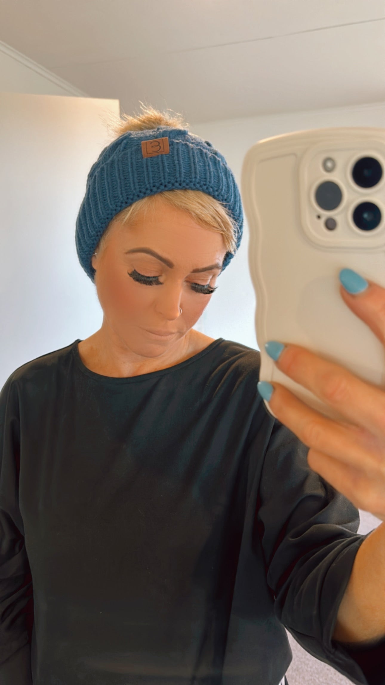 Denim blue pom pom beanie