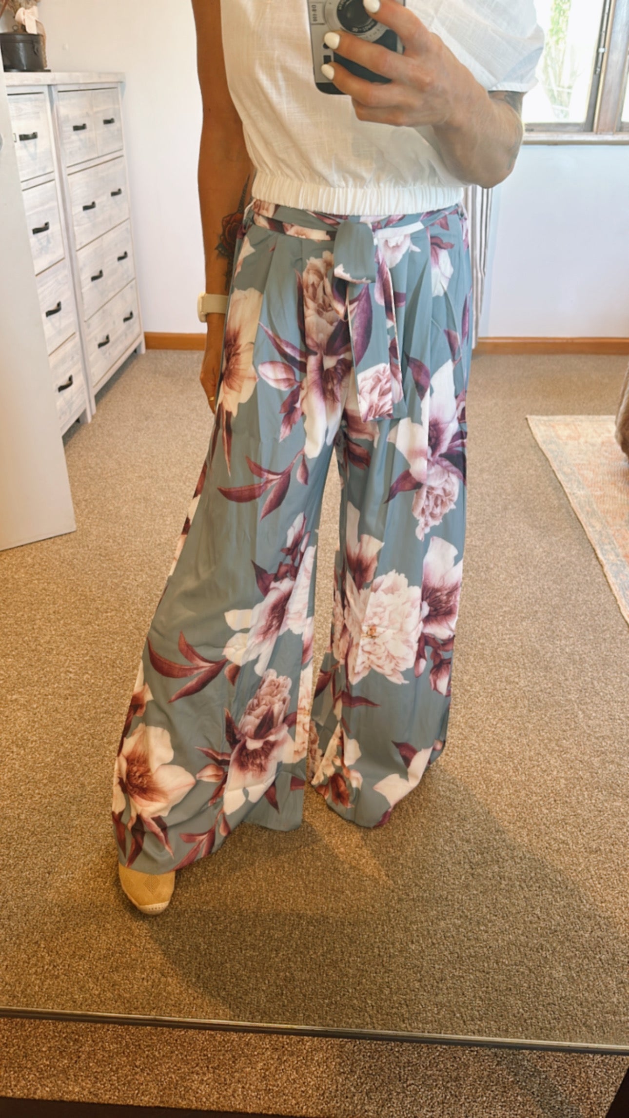 Wide leg floral print elastic belted waist pants