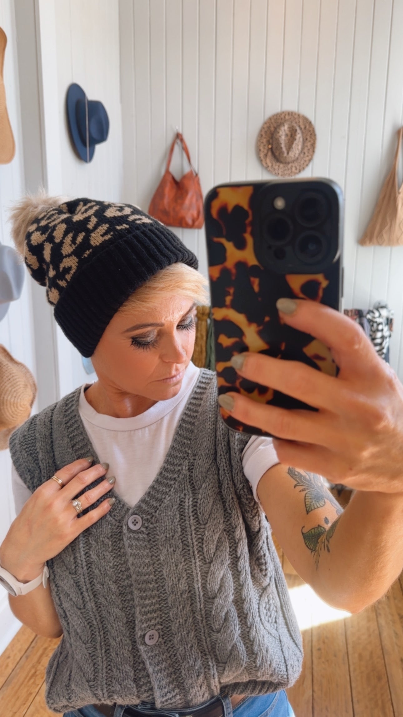 Fur Lined Leopard Print Pom Pom Beanie Black