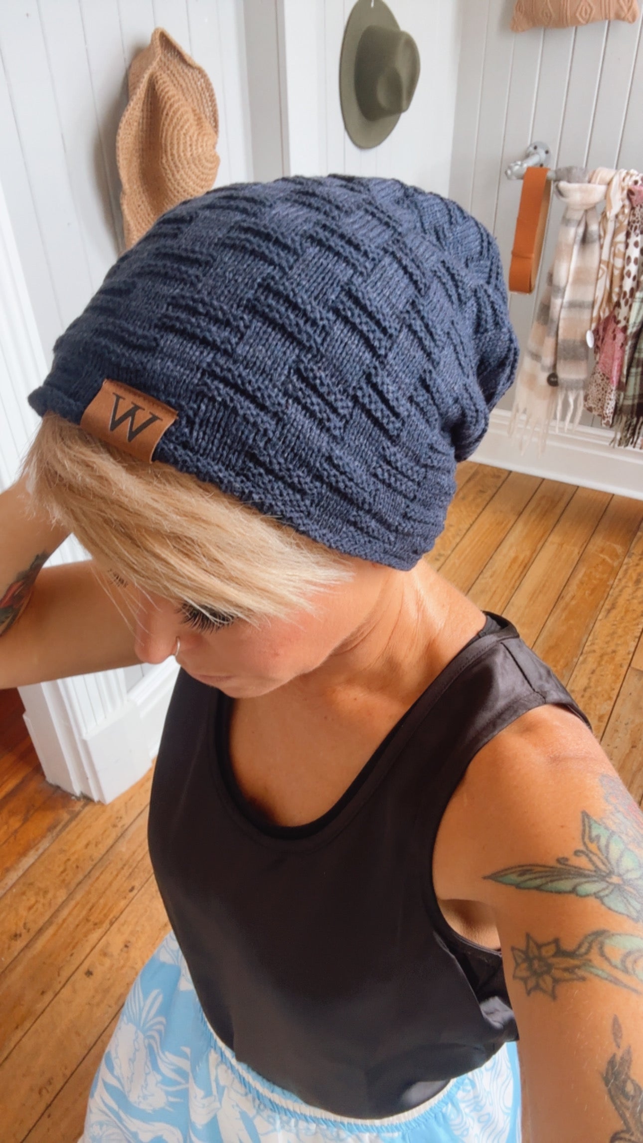 Fur Lined Waffle Knit Slouch Beanie Navy