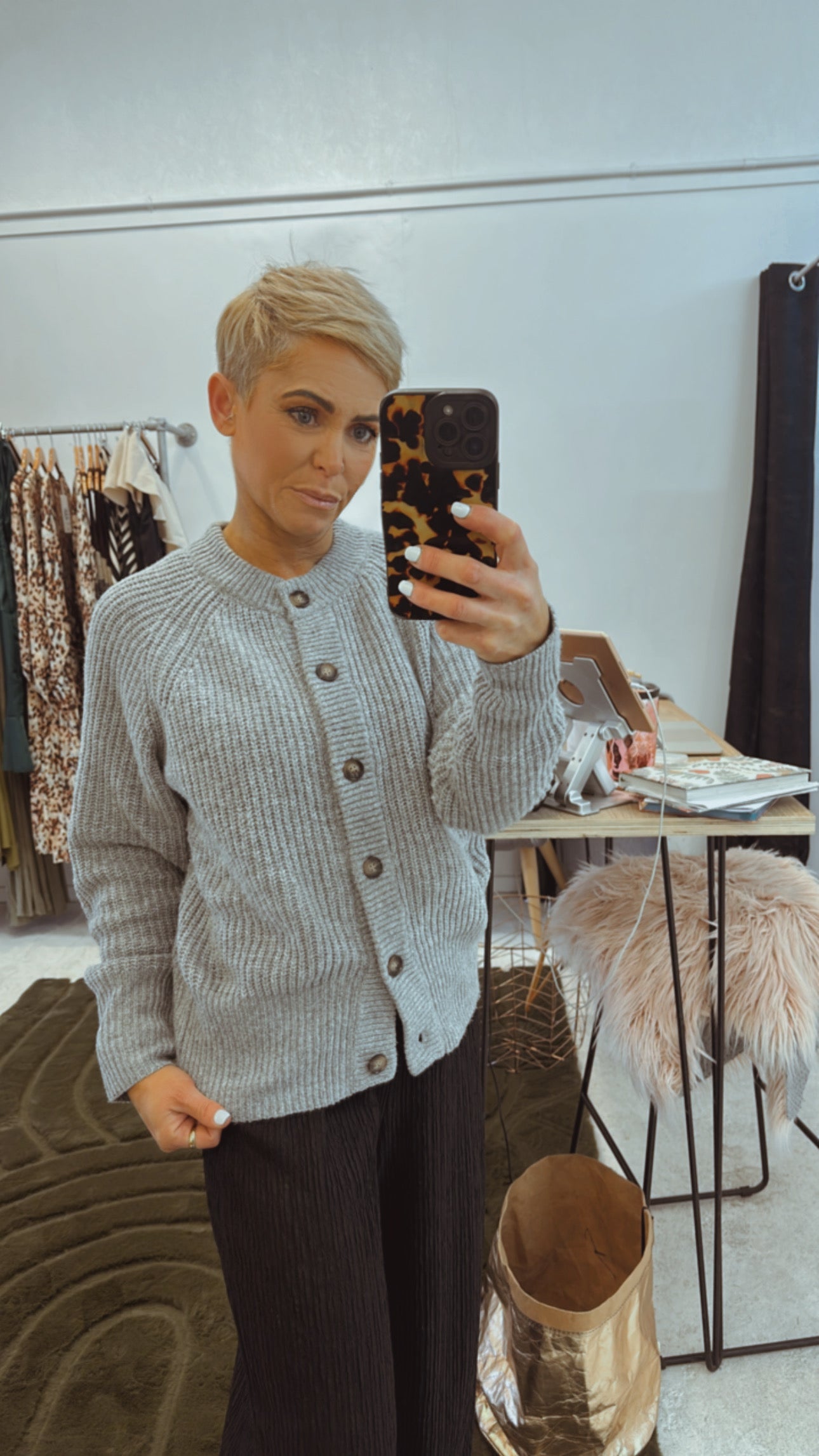Cable knit grey big button cardigan