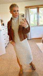 Ribbed knit high neck split midi dress