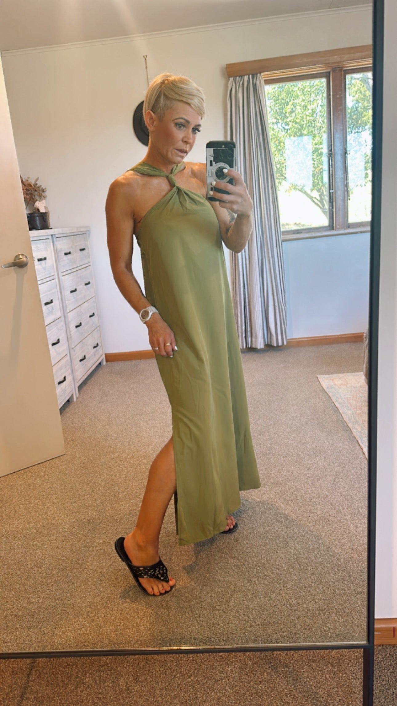 Green twist neck maxi dress