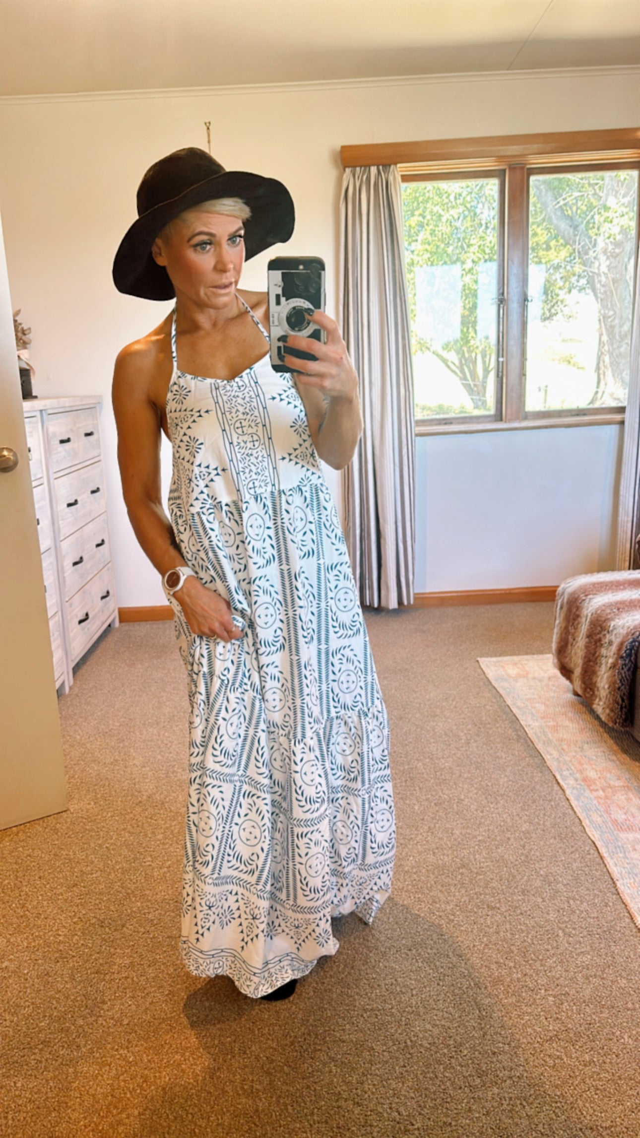 Printed tie neck maxi dress