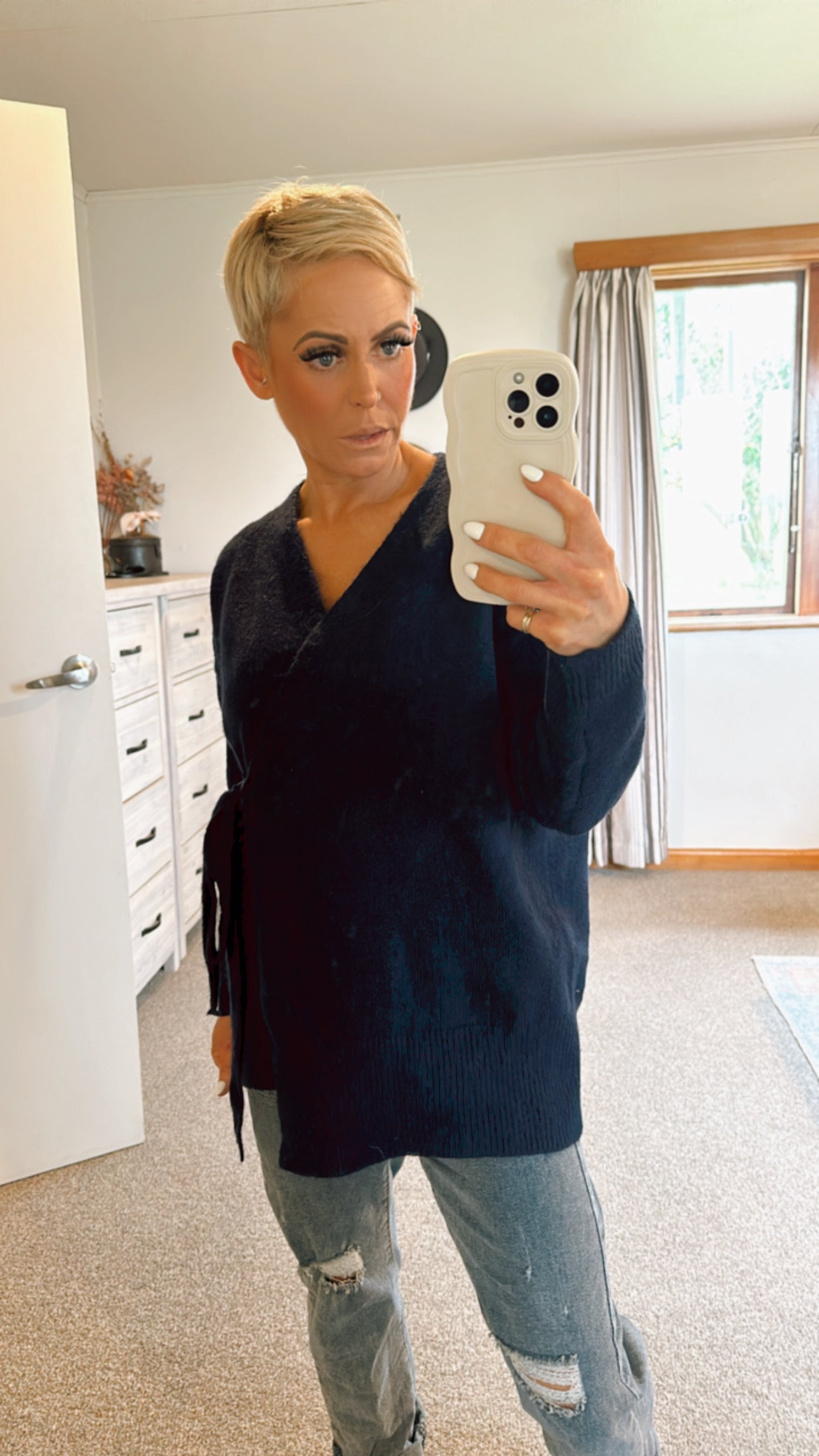 Navy wrap knit top