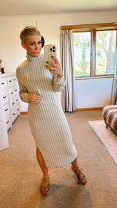 Ribbed knit high neck split midi dress