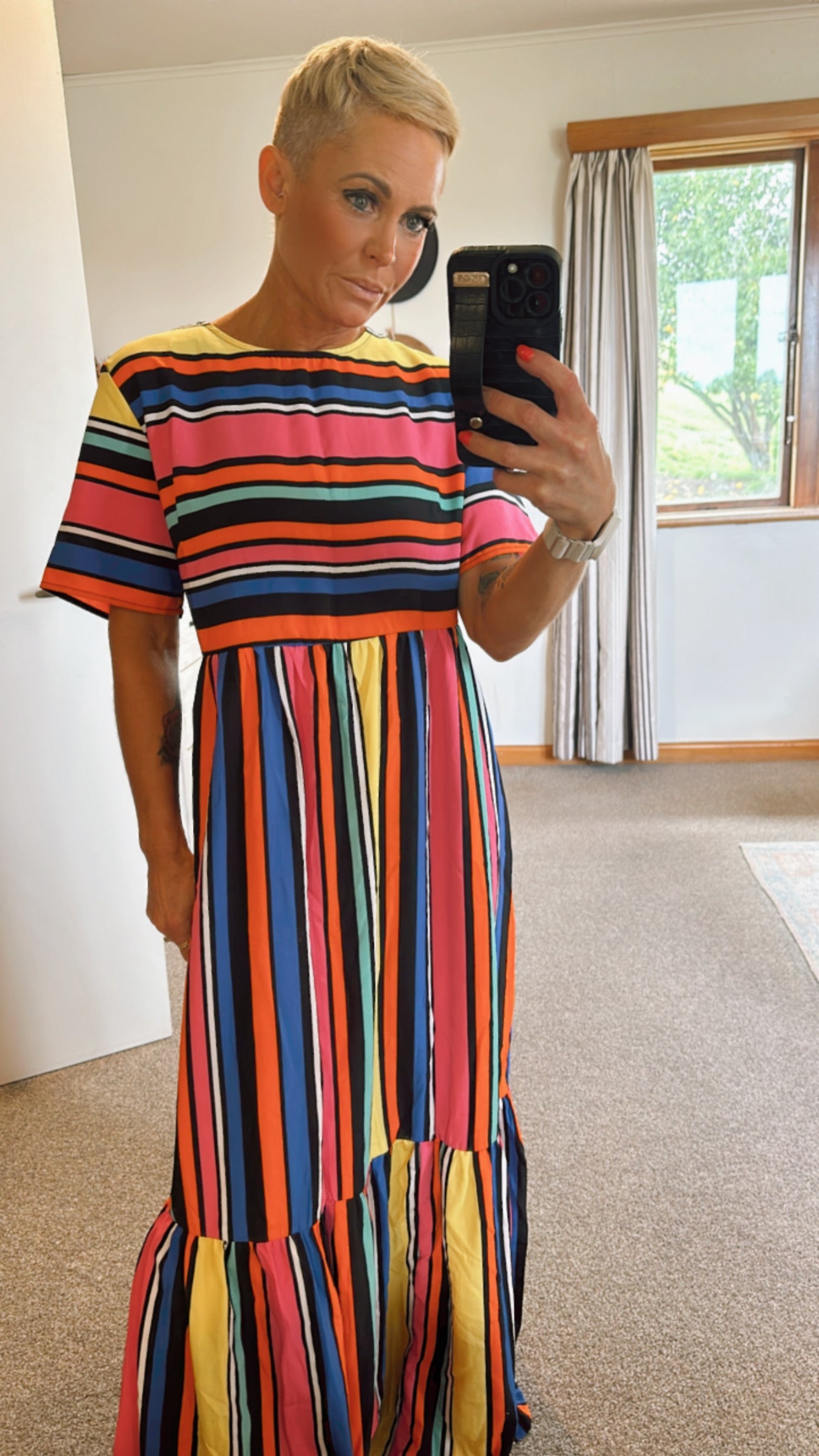 Bold stripe babydoll maxi dress