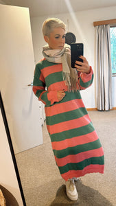 Pink & green stripe side split knit jumper dress