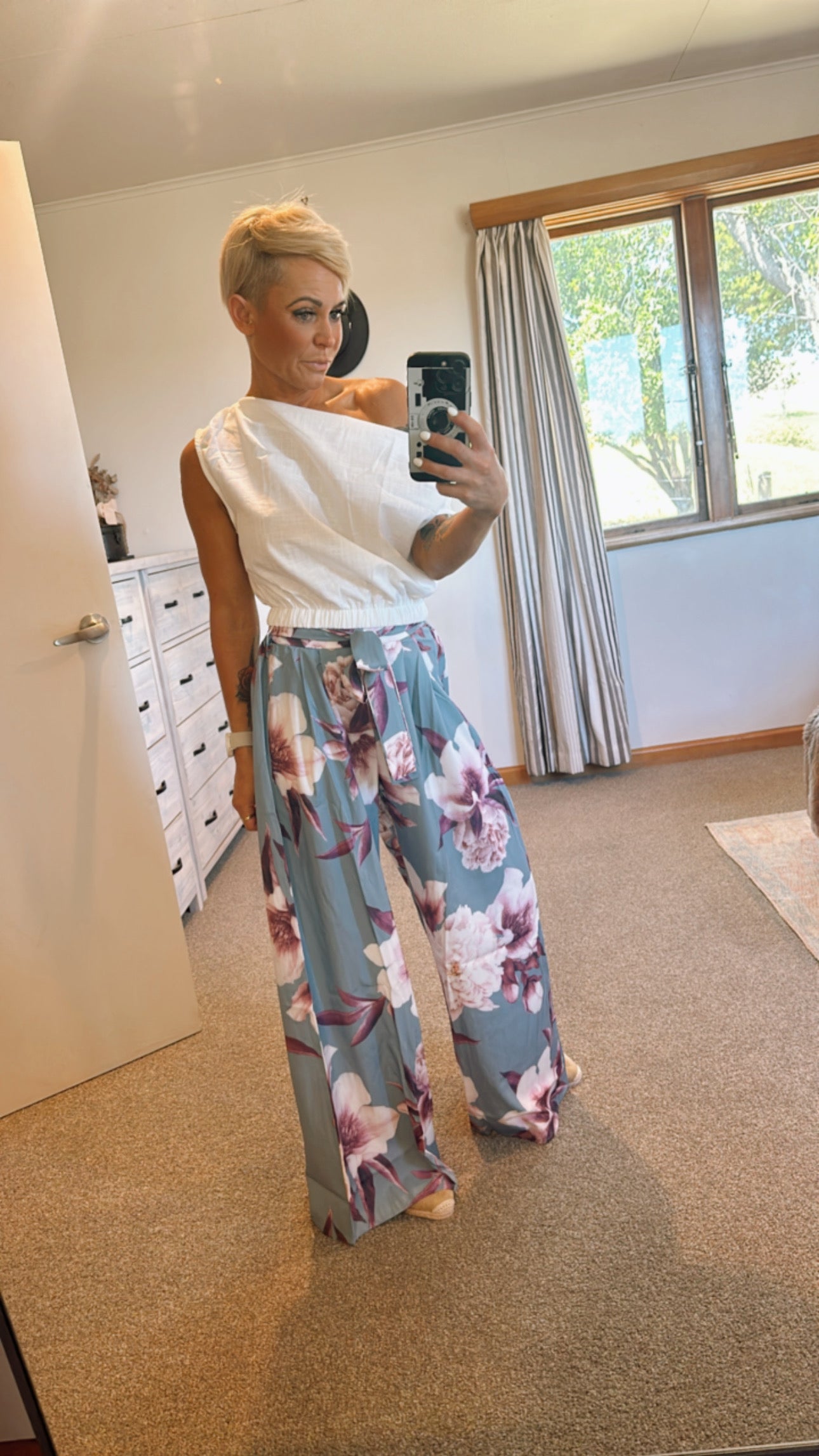 Wide leg floral print elastic belted waist pants