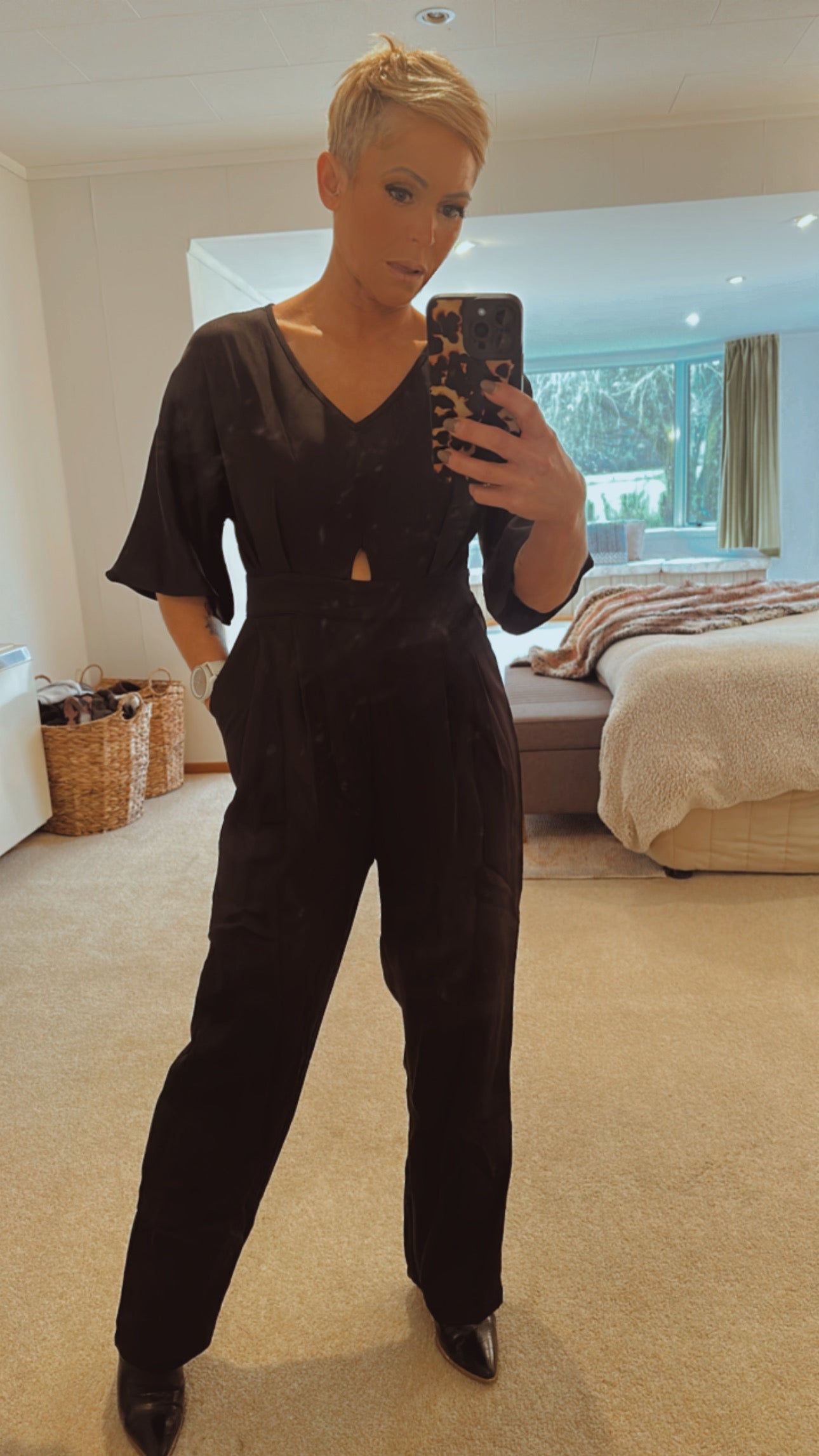 Cut out flute sleeve V neck elegant jumpsuit