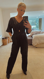 Cut out flute sleeve V neck elegant jumpsuit