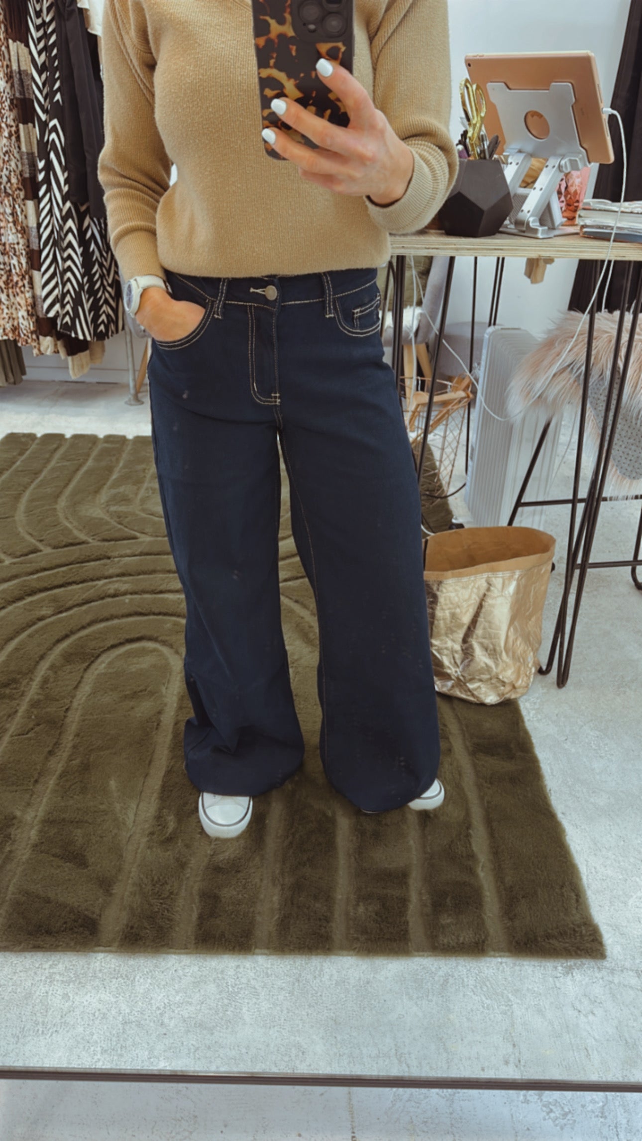 Dark blue yellow stitching wide leg jeans