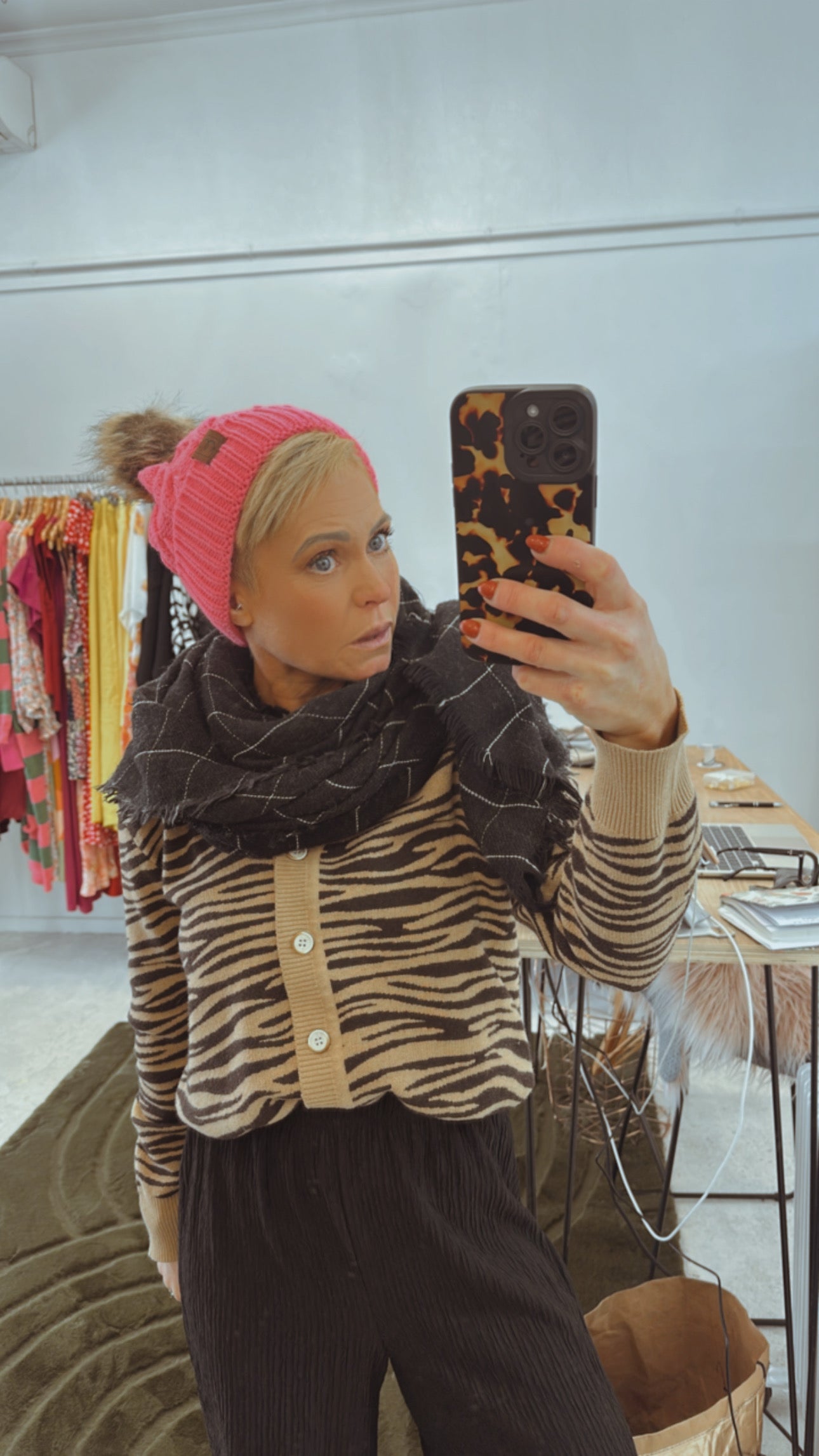 Hot pink knit Pom Pom beanie