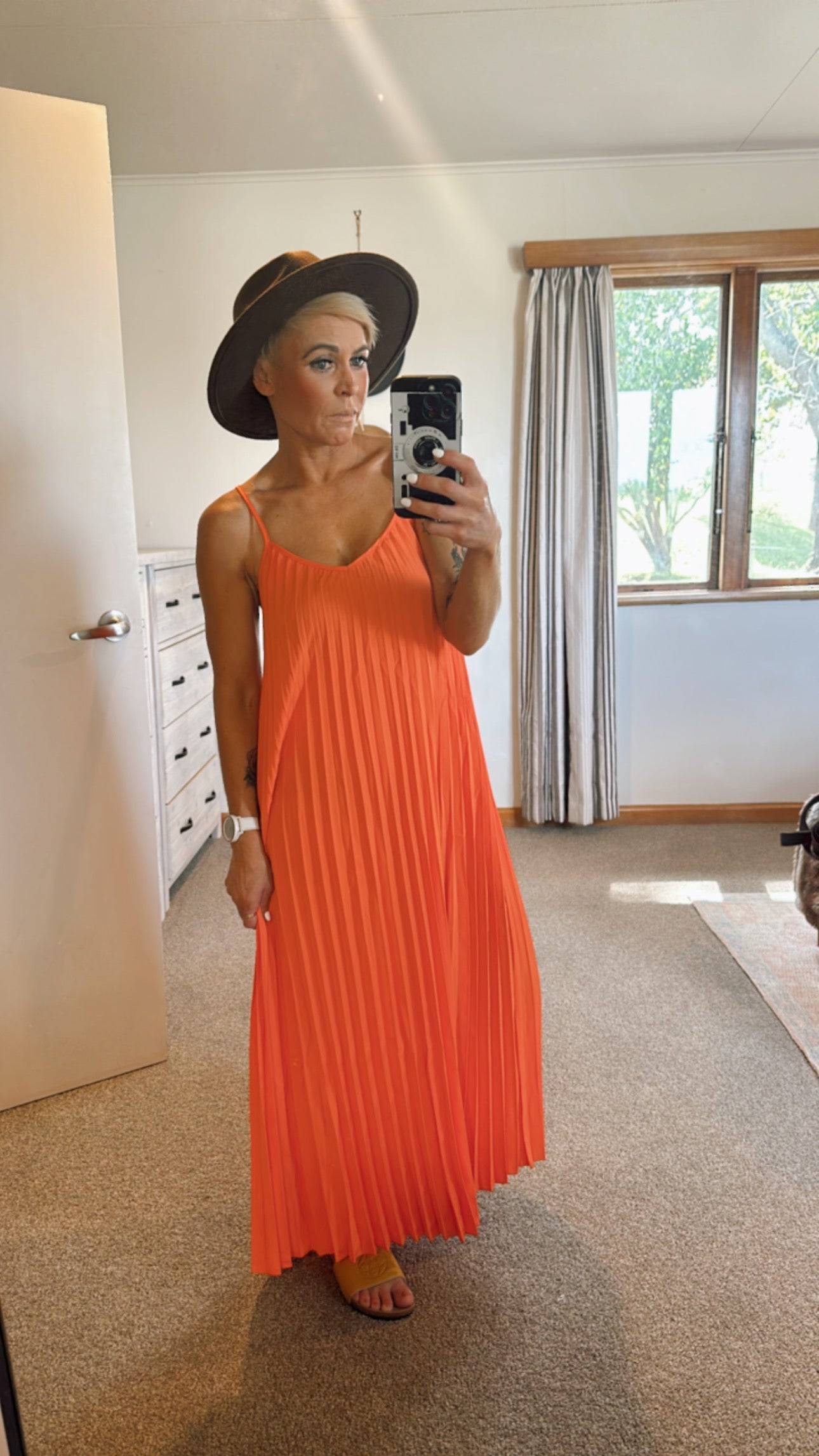 Orange pleat V neck maxi dress