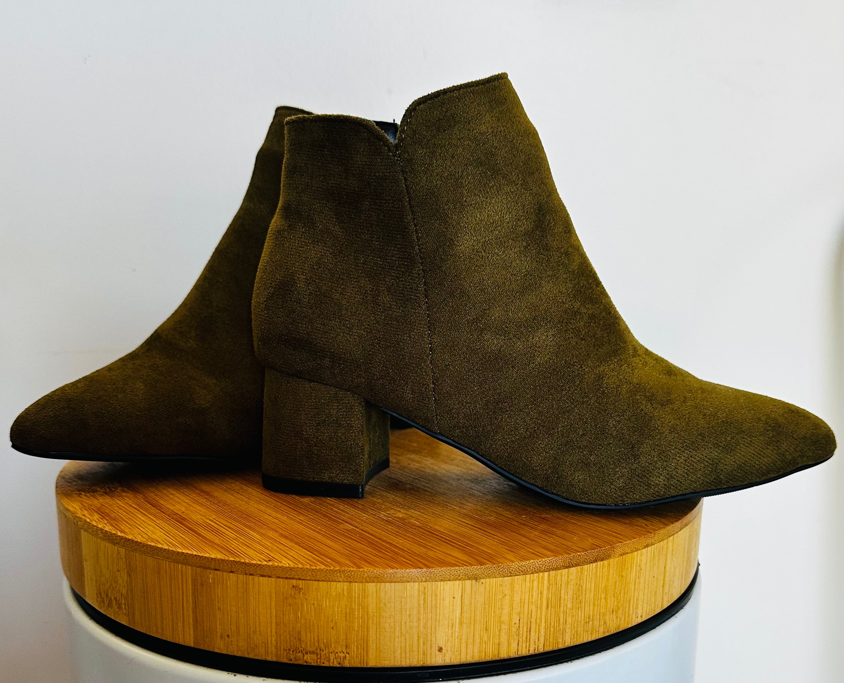 Khaki suede look solid heel ankle boots