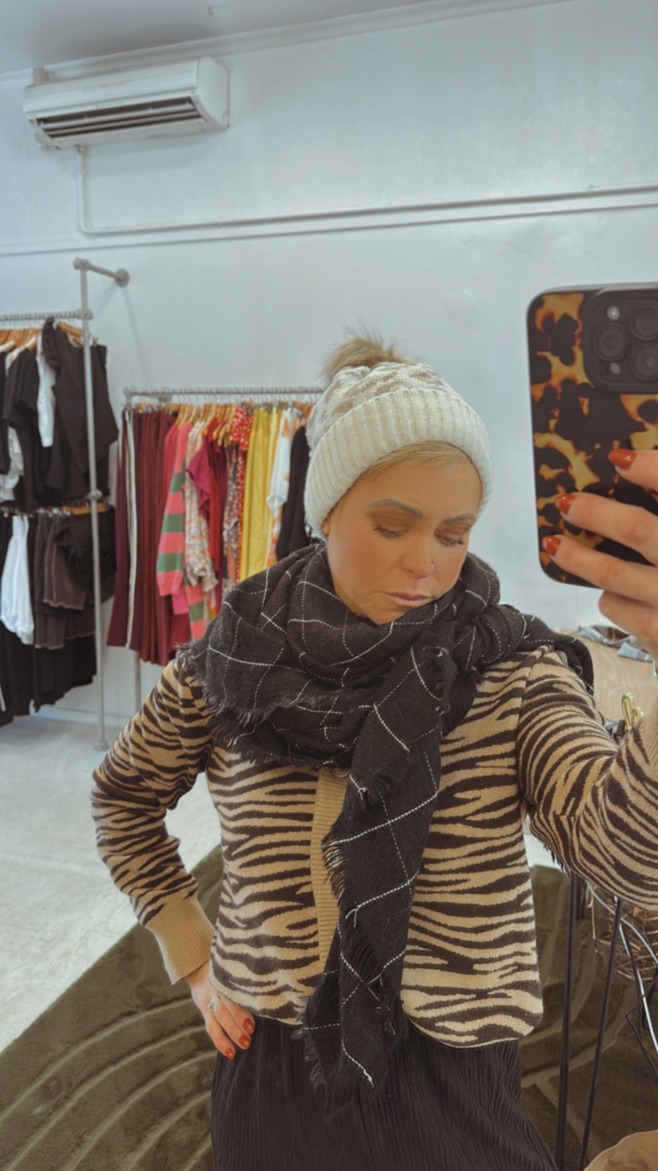 Leopard print knit Pom Pom beanie