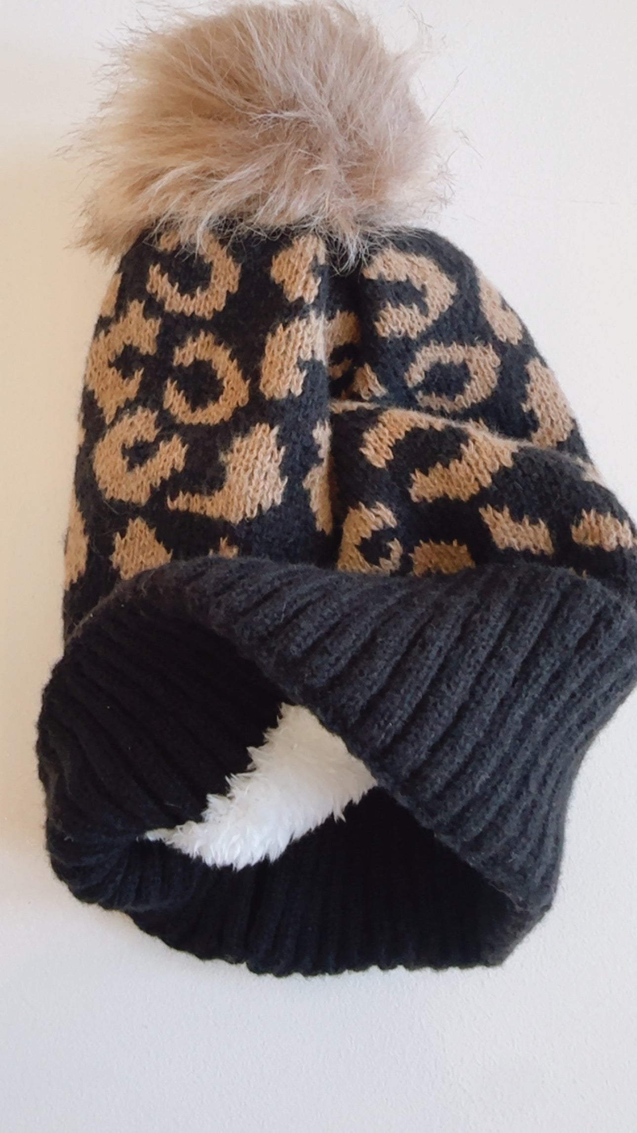 Fur Lined Leopard Print Pom Pom Beanie Black