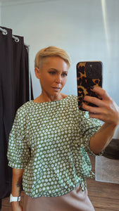 Green printed drawcord blouse top